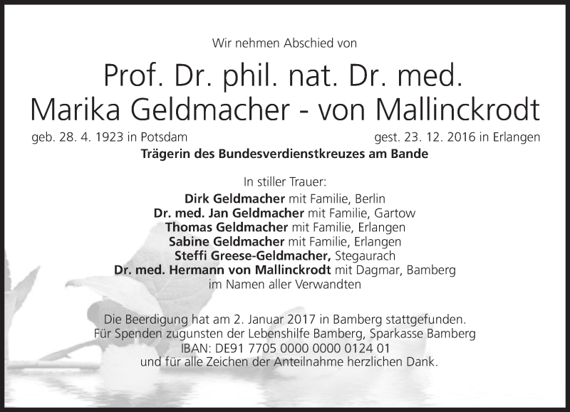  Traueranzeige für Marika Geldmacher - von Mallinckrodt vom 07.01.2017 aus Süddeutsche Zeitung