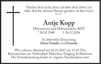 Traueranzeige von Antje Kopp von Süddeutsche Zeitung