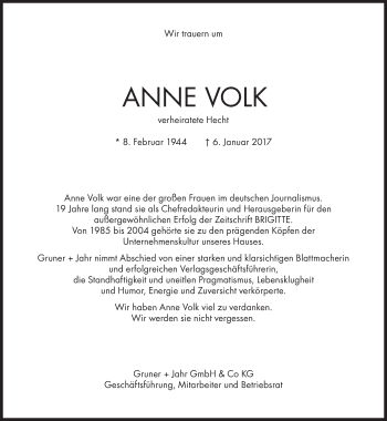 Traueranzeige von Anne Volk von Süddeutsche Zeitung