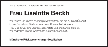 Traueranzeige von Liselotte Beckh von Süddeutsche Zeitung