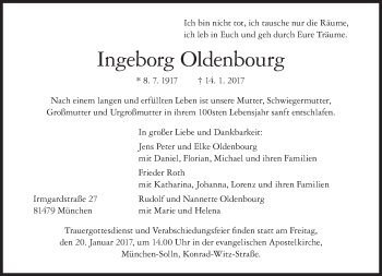 Traueranzeige von Ingeborg Oldenbourg von Süddeutsche Zeitung