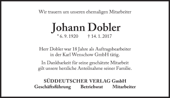 Traueranzeige von Johann Dobler von Süddeutsche Zeitung