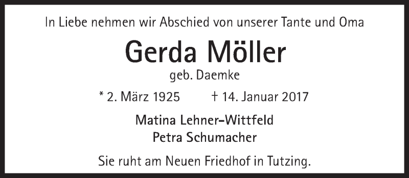  Traueranzeige für Gerda Möller vom 21.01.2017 aus Süddeutsche Zeitung