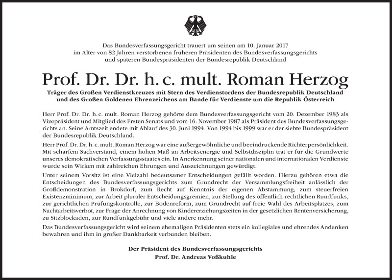  Traueranzeige für Roman Herzog vom 13.01.2017 aus Süddeutsche Zeitung
