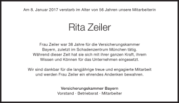 Traueranzeige von Rita Zeiler von Süddeutsche Zeitung