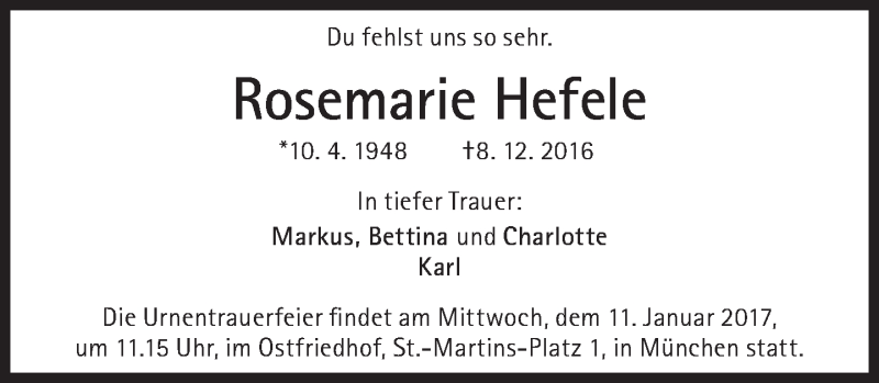  Traueranzeige für Rosemarie Hefele vom 07.01.2017 aus Süddeutsche Zeitung