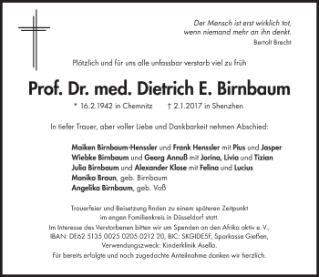 Traueranzeige von Dietrich E. Birnbaum von Süddeutsche Zeitung