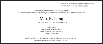 Traueranzeige von Max K. Lang von Süddeutsche Zeitung