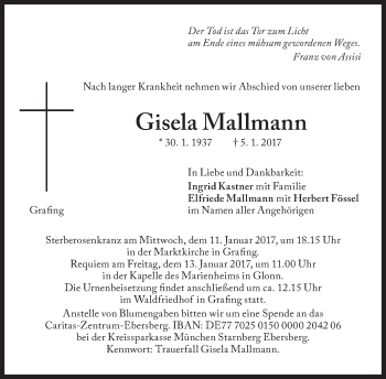 Traueranzeige von Gisela Mallmann von Süddeutsche Zeitung