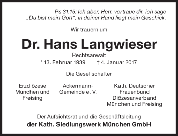 Traueranzeige von Hans Langwieser von Süddeutsche Zeitung