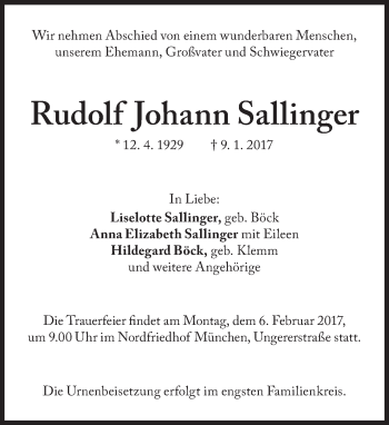 Traueranzeige von Rudolf Johann Sallinger von Süddeutsche Zeitung