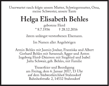 Traueranzeige von Helga Elisabeth Behles von Süddeutsche Zeitung