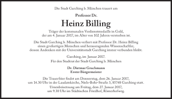 Traueranzeige von Heinz Billing von Süddeutsche Zeitung