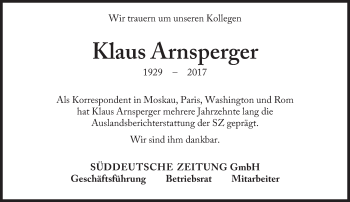 Traueranzeige von Klaus Arnsperger von Süddeutsche Zeitung