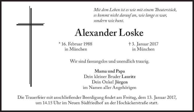 Traueranzeige für Alexander Loske vom 11.01.2017 aus Süddeutsche Zeitung