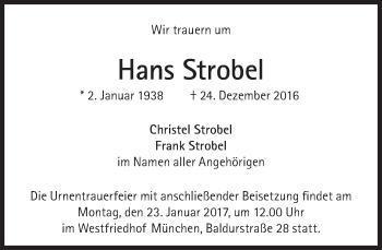 Traueranzeige von Hans Strobel von Süddeutsche Zeitung
