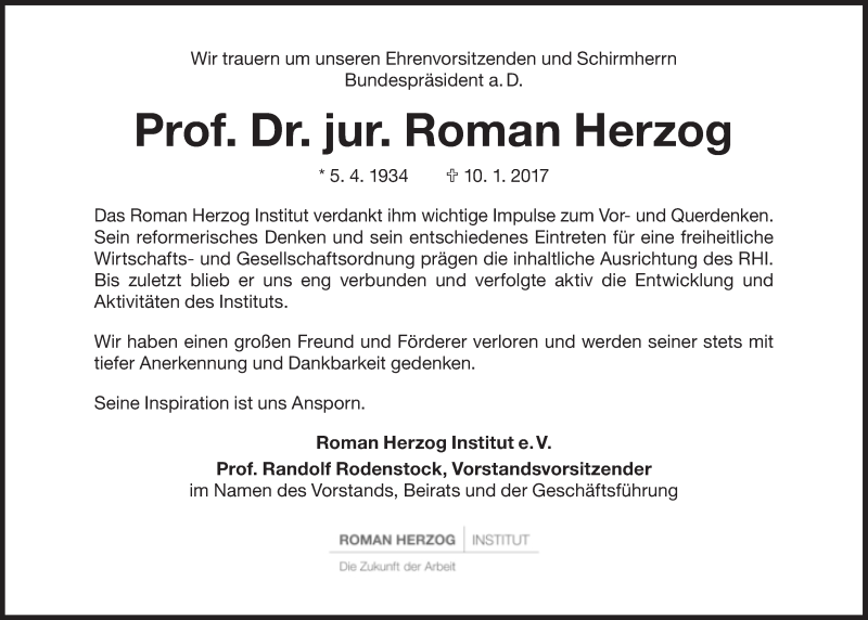  Traueranzeige für Roman Herzog vom 13.01.2017 aus Süddeutsche Zeitung