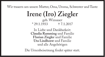 Traueranzeige von Irene Ziegler von Süddeutsche Zeitung