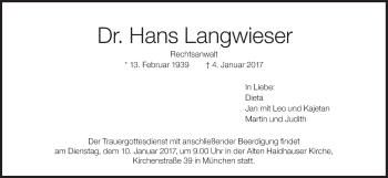 Traueranzeige von Hans Langwieser von Süddeutsche Zeitung