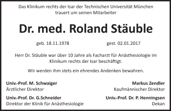 Traueranzeige von Roland Stäuble von Süddeutsche Zeitung