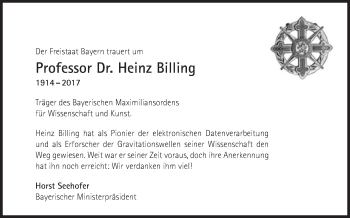 Traueranzeige von Heinz Billing von Süddeutsche Zeitung
