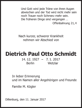 Traueranzeige von Dietrich Paul Otto Schmidt von Süddeutsche Zeitung