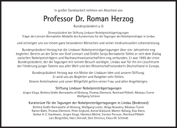 Traueranzeige von Roman Herzog von Süddeutsche Zeitung