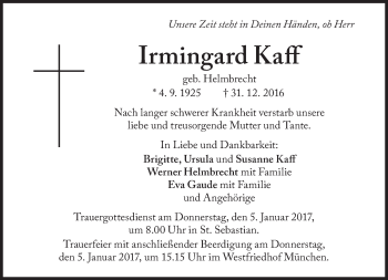 Traueranzeige von Irmingard Kaff von Süddeutsche Zeitung