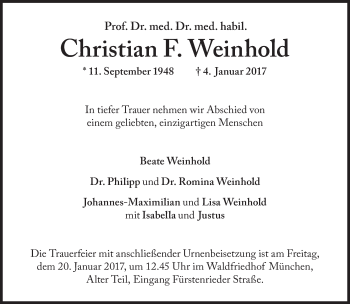 Traueranzeige von Christian F. Weinhold von Süddeutsche Zeitung