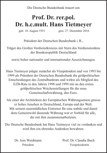 Traueranzeige von Hans Tietmeyer von Süddeutsche Zeitung