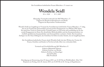 Traueranzeige von Wendela Seidl von Süddeutsche Zeitung