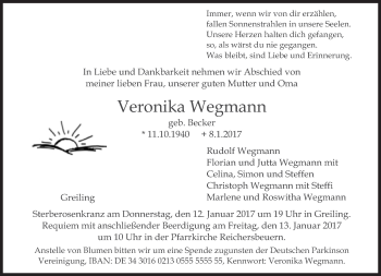 Traueranzeige von Veronika Wegmann von Süddeutsche Zeitung