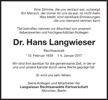 Traueranzeige von Hans Langwieser von Süddeutsche Zeitung