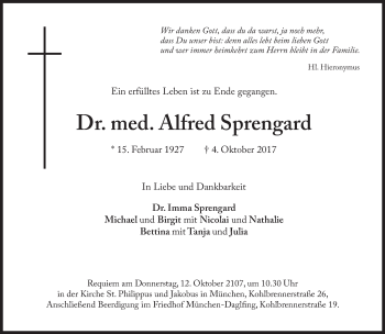 Traueranzeige von Alfred Sprengard von Süddeutsche Zeitung