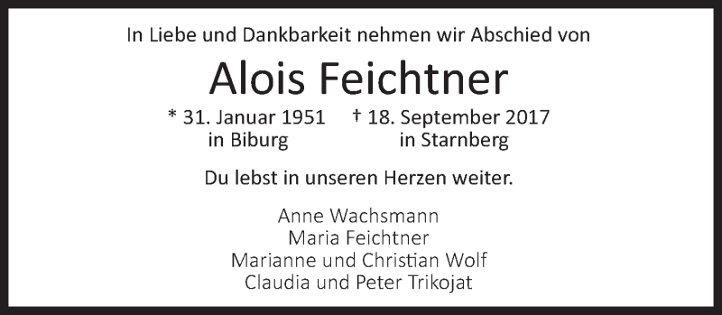  Traueranzeige für Alois Feichtner vom 07.10.2017 aus Süddeutsche Zeitung