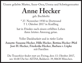 Traueranzeige von Anne Hecker von Süddeutsche Zeitung
