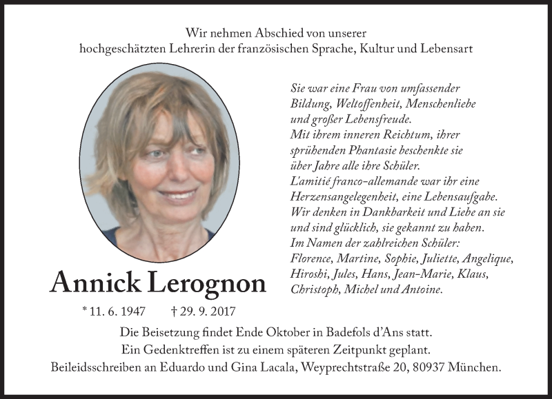  Traueranzeige für Annick Lerognon vom 21.10.2017 aus Süddeutsche Zeitung