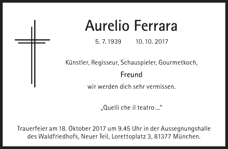  Traueranzeige für Aurelio Ferrara vom 16.10.2017 aus Süddeutsche Zeitung
