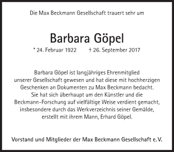 Traueranzeige von Barbara Göpel von Süddeutsche Zeitung