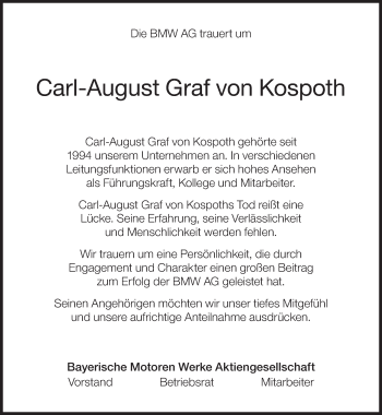 Traueranzeige von Carl-August Graf von Kospoth von Süddeutsche Zeitung