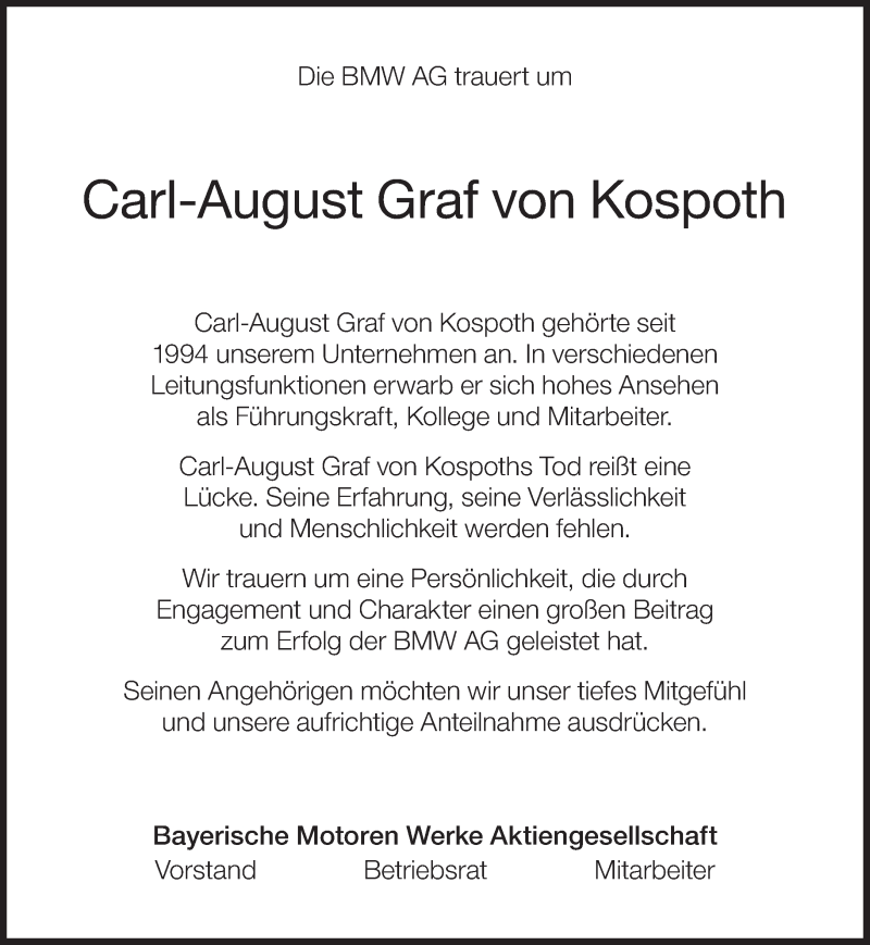  Traueranzeige für Carl-August Graf von Kospoth vom 28.10.2017 aus Süddeutsche Zeitung