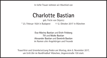 Traueranzeige von Charlotte Bastian von Süddeutsche Zeitung
