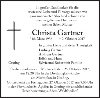 Traueranzeige von Christa Gartner von Süddeutsche Zeitung