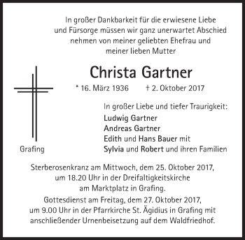 Traueranzeige von Christa Gartner von Süddeutsche Zeitung