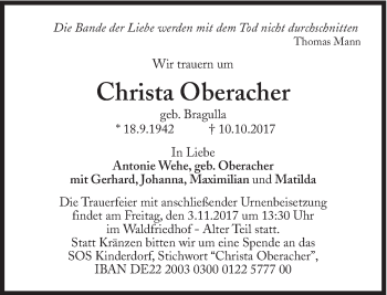 Traueranzeige von Christa Oberacher von Süddeutsche Zeitung
