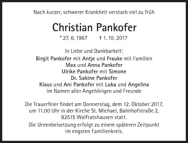  Traueranzeige für Christian Pankofer vom 07.10.2017 aus Süddeutsche Zeitung