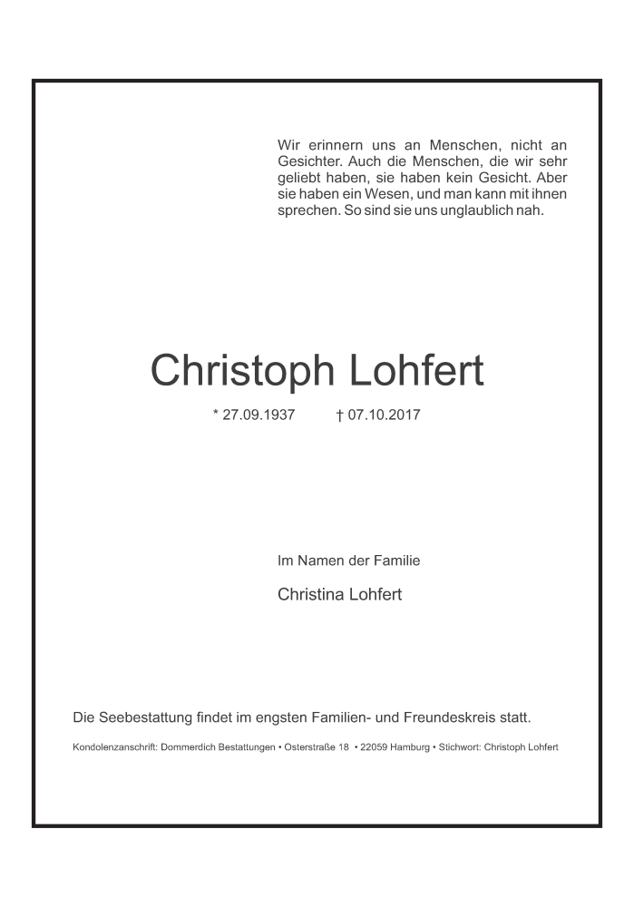  Traueranzeige für Christoph Lohfert vom 14.10.2017 aus Süddeutsche Zeitung