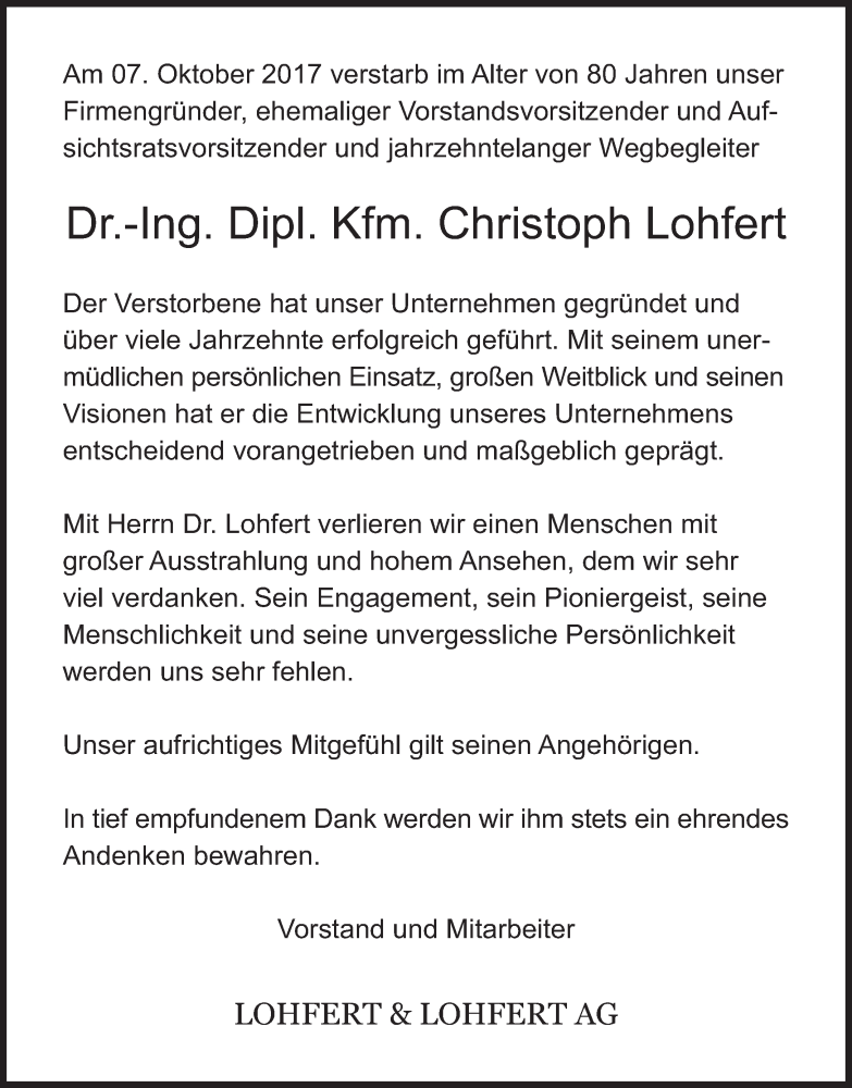  Traueranzeige für Christoph Lohfert vom 14.10.2017 aus Süddeutsche Zeitung