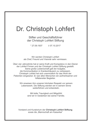 Traueranzeige von Christoph Lohfert von Süddeutsche Zeitung