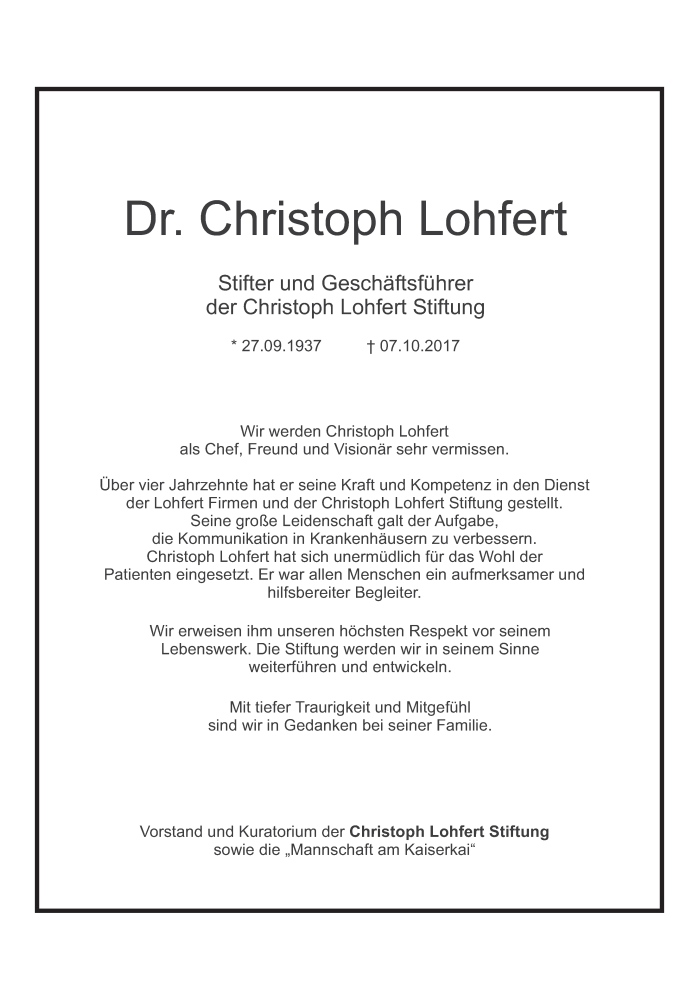  Traueranzeige für Christoph Lohfert vom 14.10.2017 aus Süddeutsche Zeitung